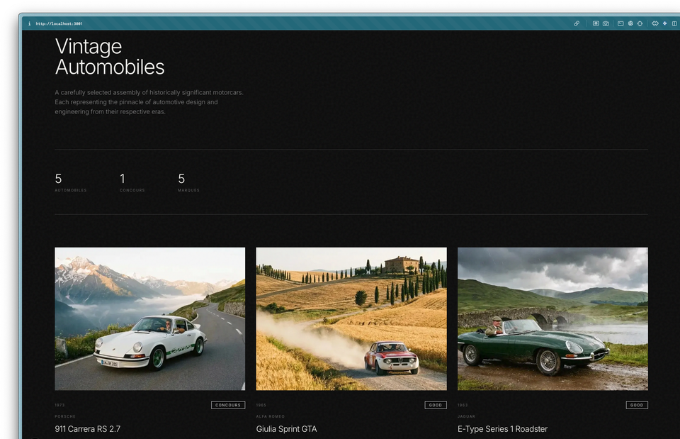 A webpage featuring three vintage cars: a white Porsche, an Alfa Romeo, and a green Jaguar, each with descriptions.