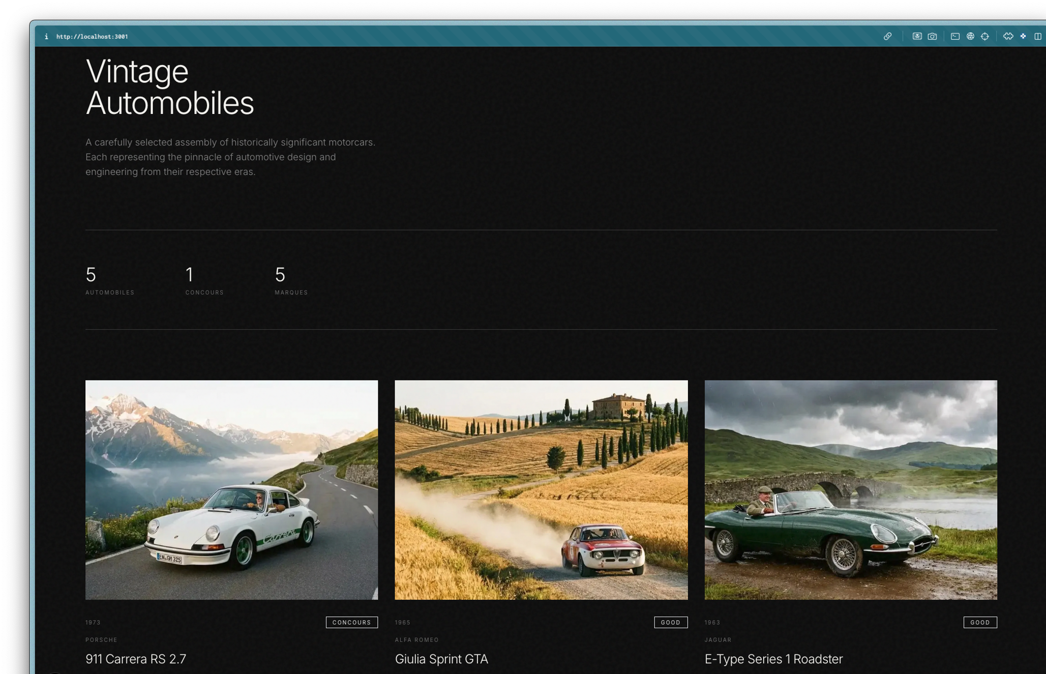 A webpage featuring three vintage cars: a white Porsche, an Alfa Romeo, and a green Jaguar, each with descriptions.