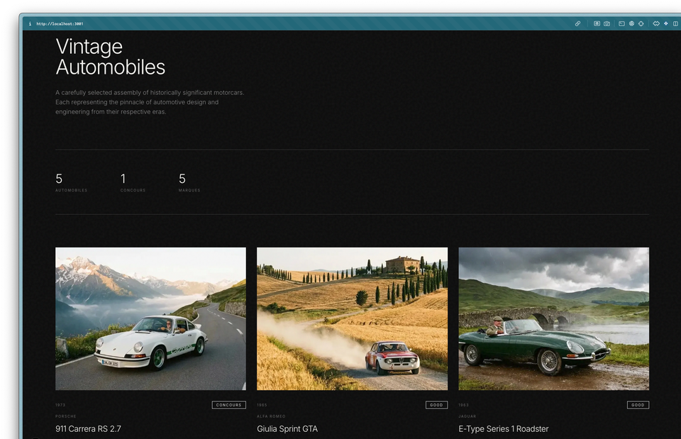 A webpage featuring three vintage cars: a white Porsche, an Alfa Romeo, and a green Jaguar, each with descriptions. A webpage featuring three vintage cars: a white Porsche, an Alfa Romeo, and a green Jaguar, each with descriptions.