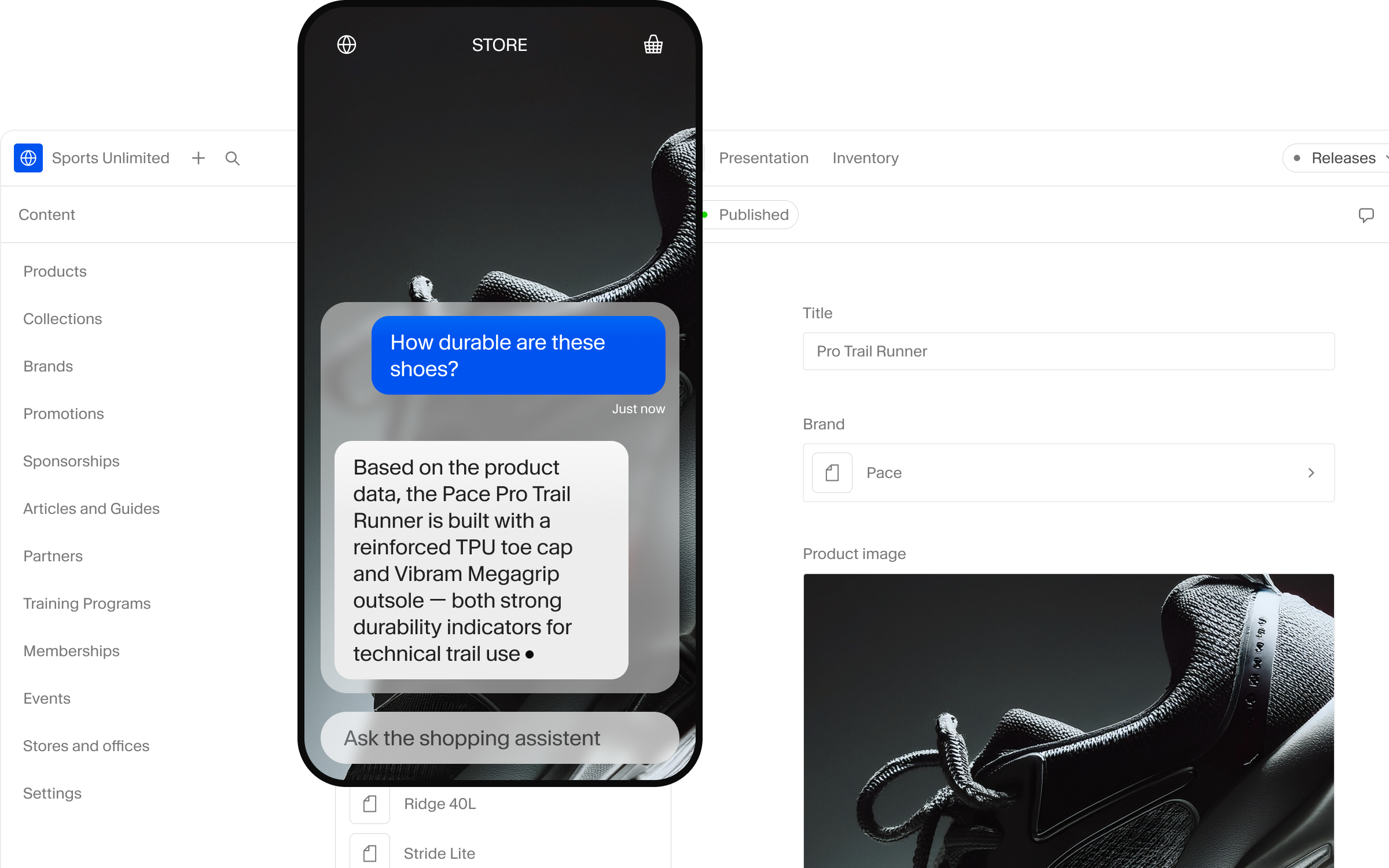 A mobile phone screen shows a shopping assistant chatbot answering a question about the durability of a trail runner shoe. Behind it, a desktop interface displays product details and an image of the shoe.