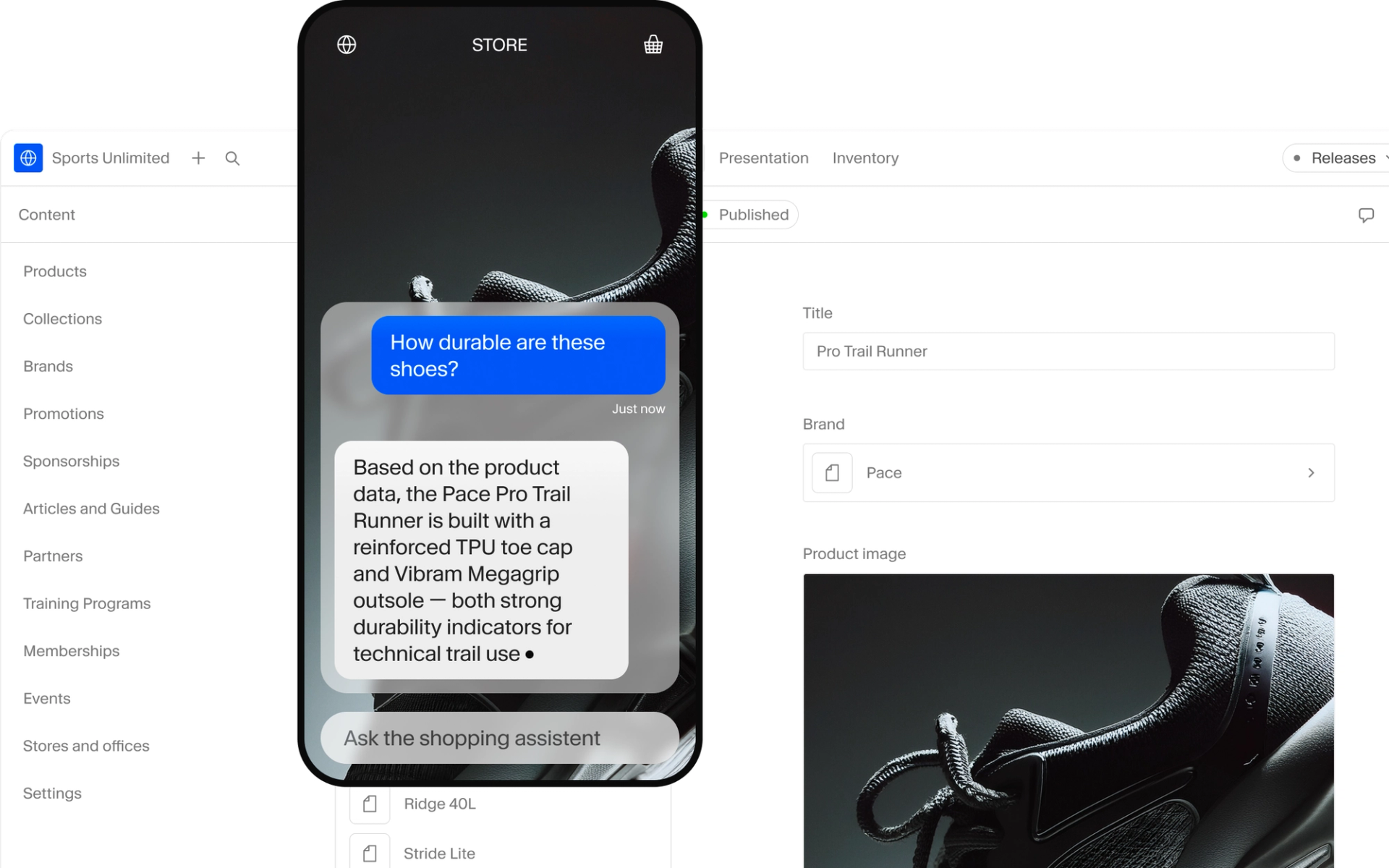 A mobile phone screen shows a shopping assistant chatbot answering a question about the durability of a trail runner shoe. Behind it, a desktop interface displays product details and an image of the shoe.