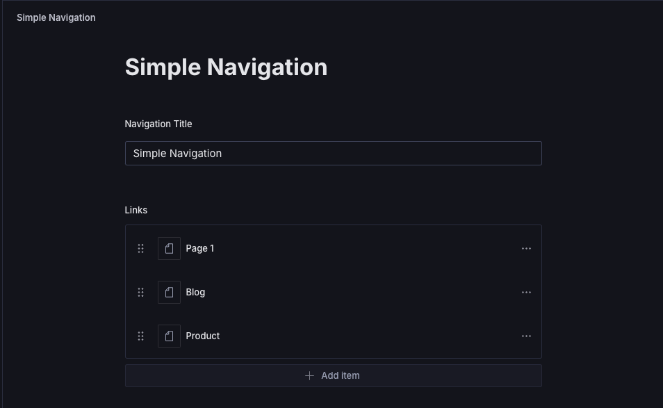 Sanity Studio editing a Simple Navigation document, with a Navigation Title field and a Links array holding three items: Page 1, Blog, and Product.