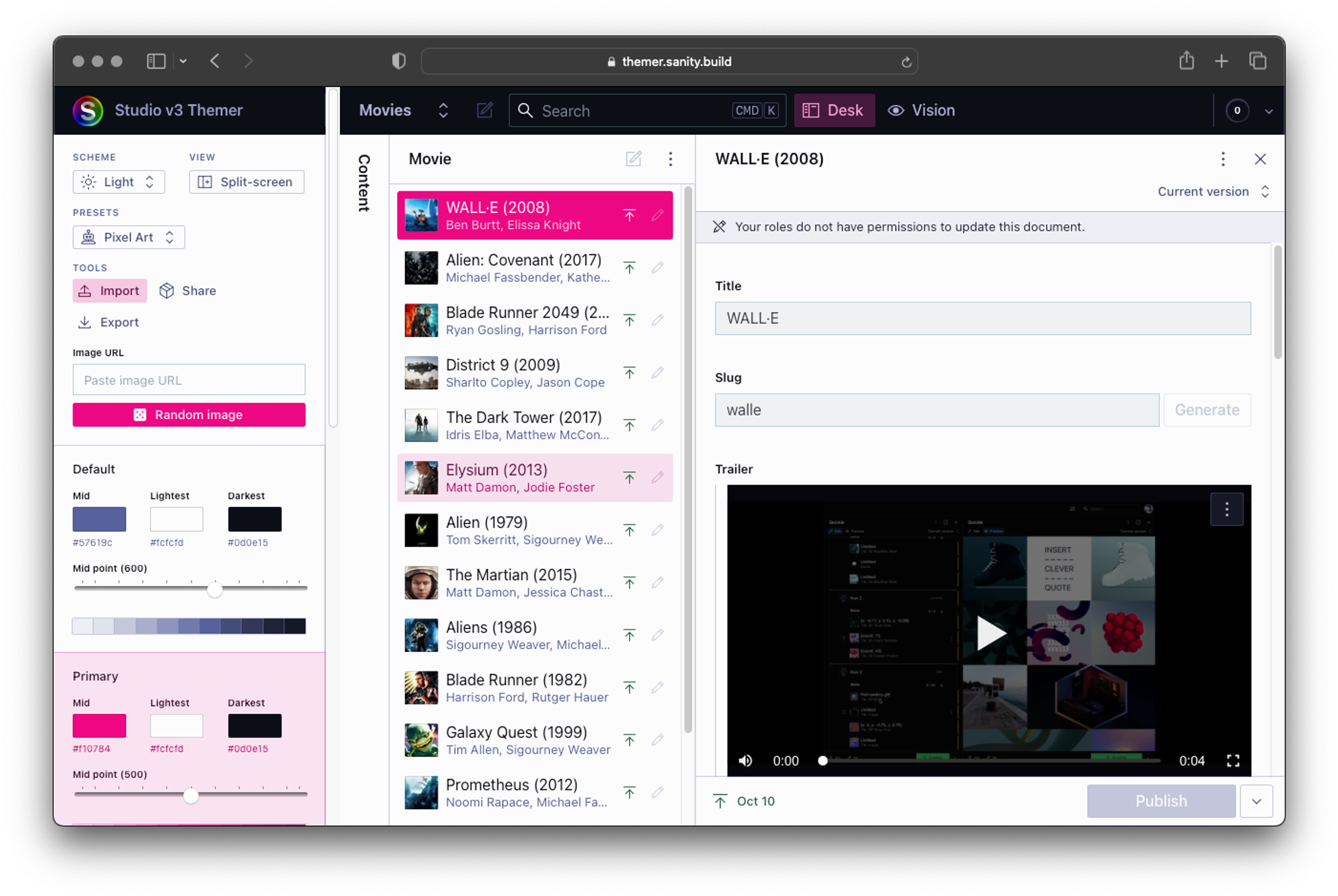 Screenshot of web app that lets you define custom color palettes for the Sanity Studio