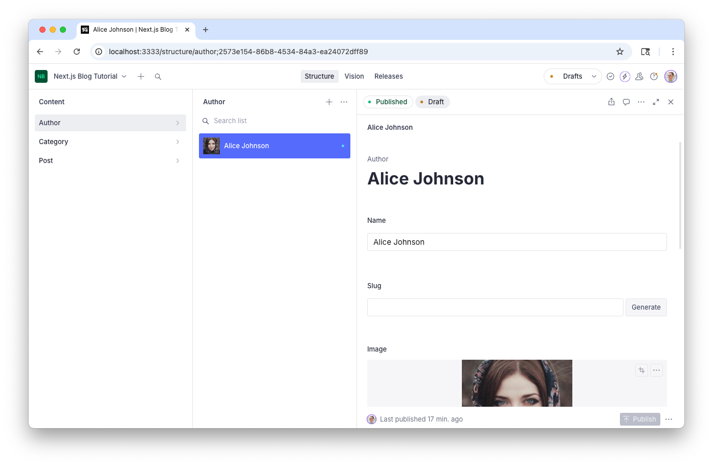 A content management system interface showing the author profile for Alice Johnson, with input fields and a portrait image.