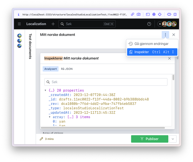 Sanity Studio with the document inspector modal open, showing a couple of mistranslated strings