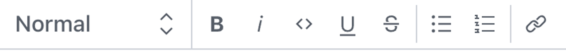 Rich text editor ribbon showing format dropdown, bold, italics, code, underline, strikethrough, bulleted list, numbered list, and link.