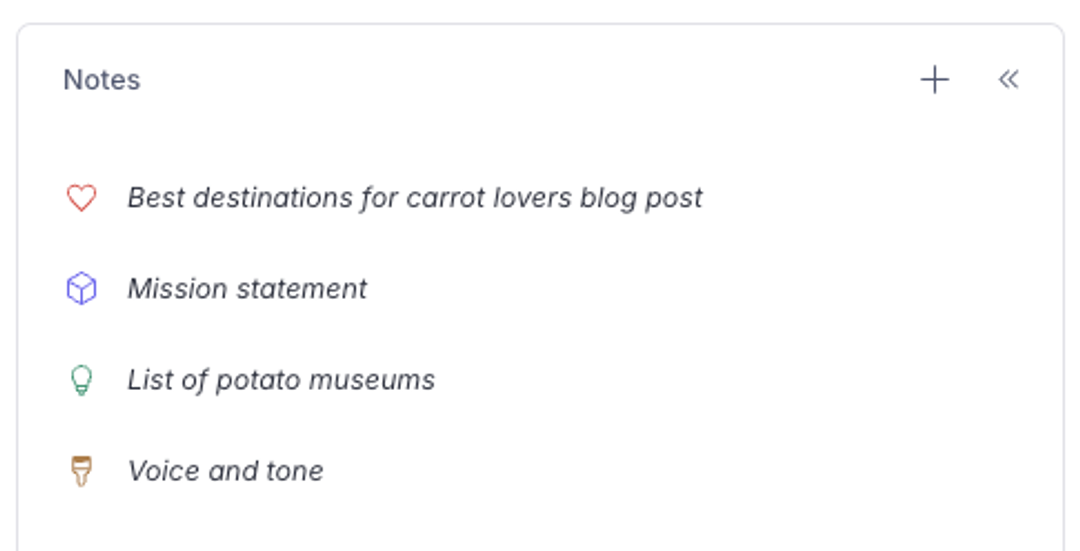 A notes application interface displaying four notes: 'Best destinations for carrot lovers blog post', 'Mission statement', 'List of potato museums', and 'Voice and tone'.
