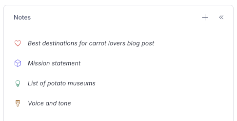 A notes application interface displaying four notes: 'Best destinations for carrot lovers blog post', 'Mission statement', 'List of potato museums', and 'Voice and tone'.
