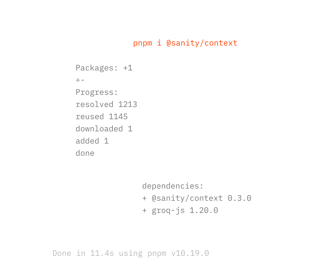 Terminal output of `pnpm i @sanity/context` showing successful installation of `@sanity/context` and `groq-js` in 11.4 seconds.