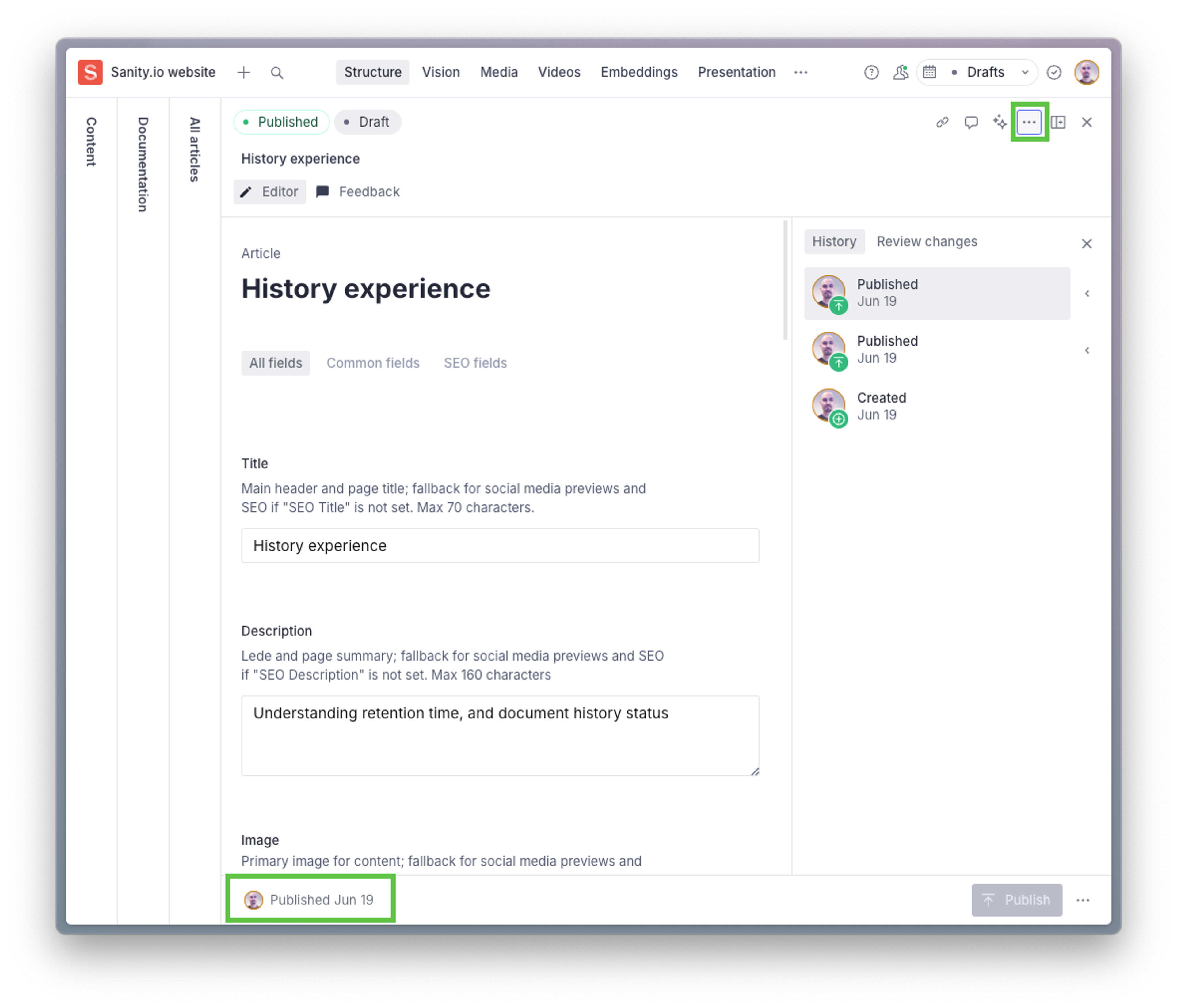 The document editor in the studio showing the context menu with the links for opening document revision history highlighted.
