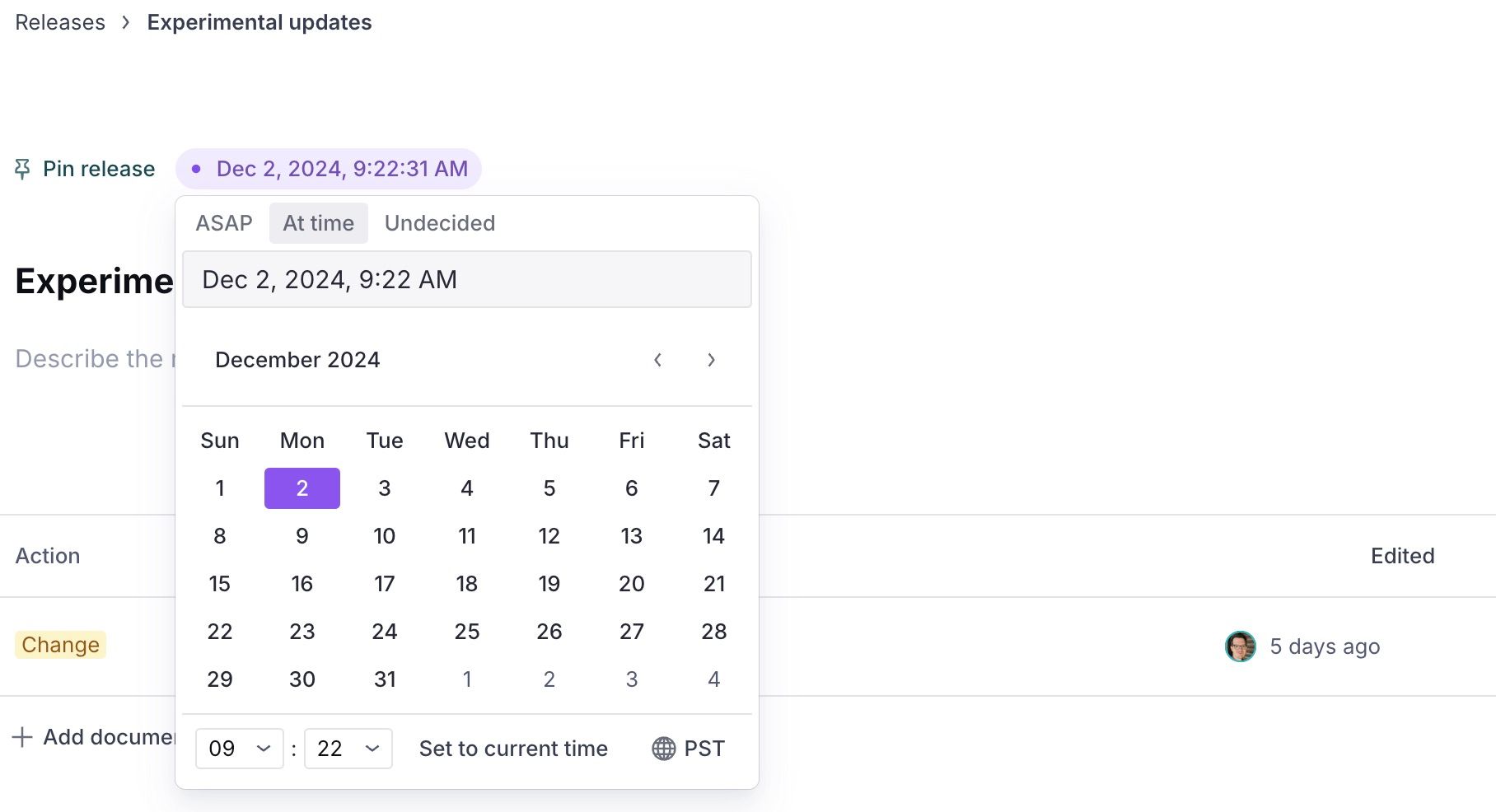 The release screen with the release time label selected and a date and time picker open