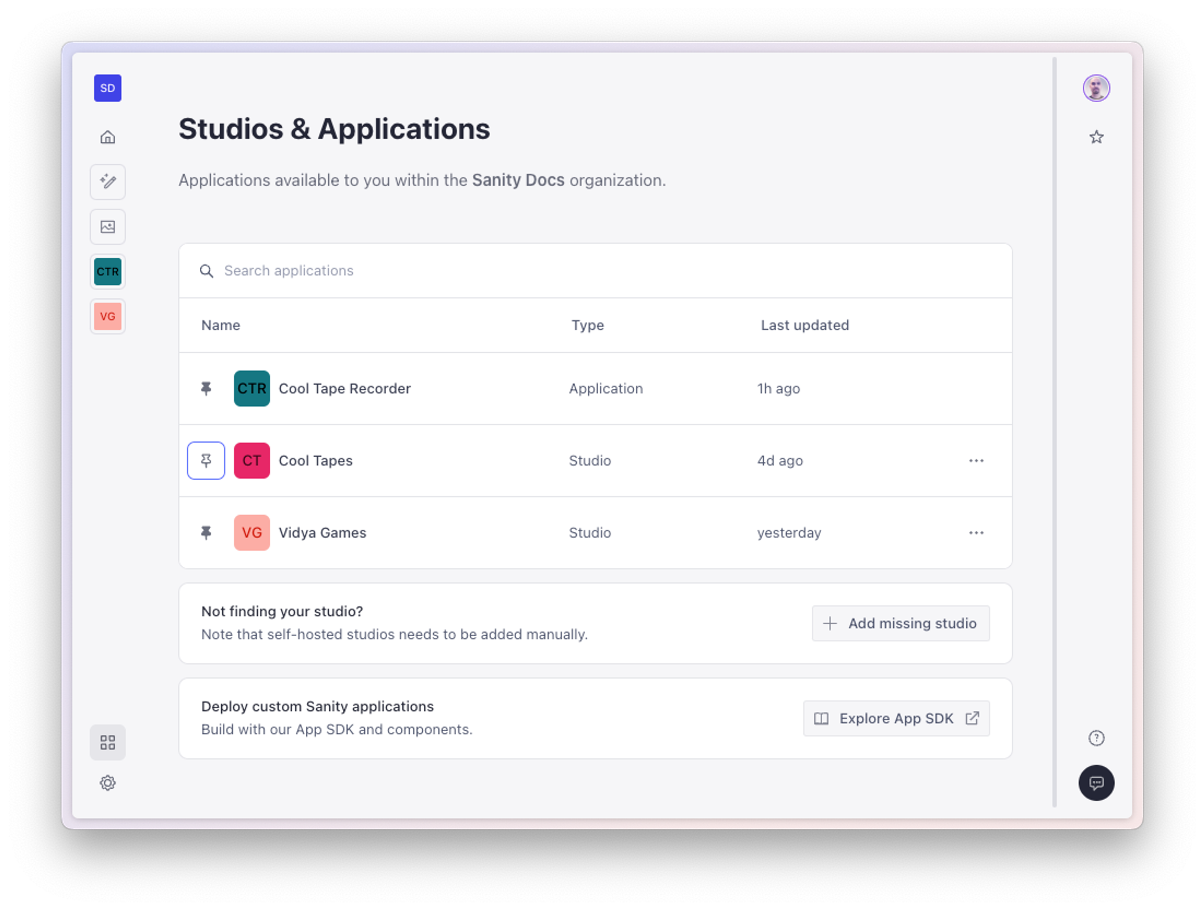 a screenshot of the studios and applications page