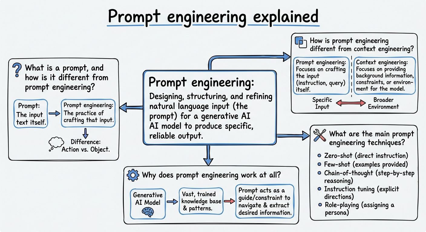 A diagram explaining Prompt engineering in terms of related concepts.