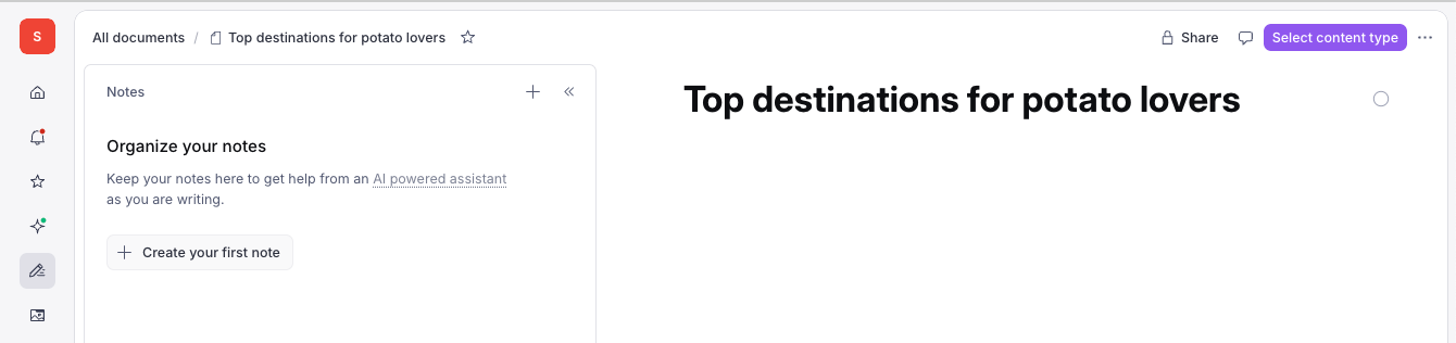 A document application interface displaying the title "Top destinations for potato lovers" and a notes panel.