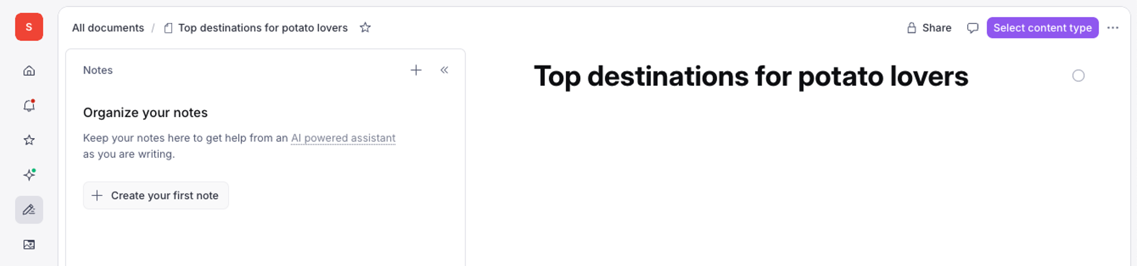 A document application interface displaying the title "Top destinations for potato lovers" and a notes panel.