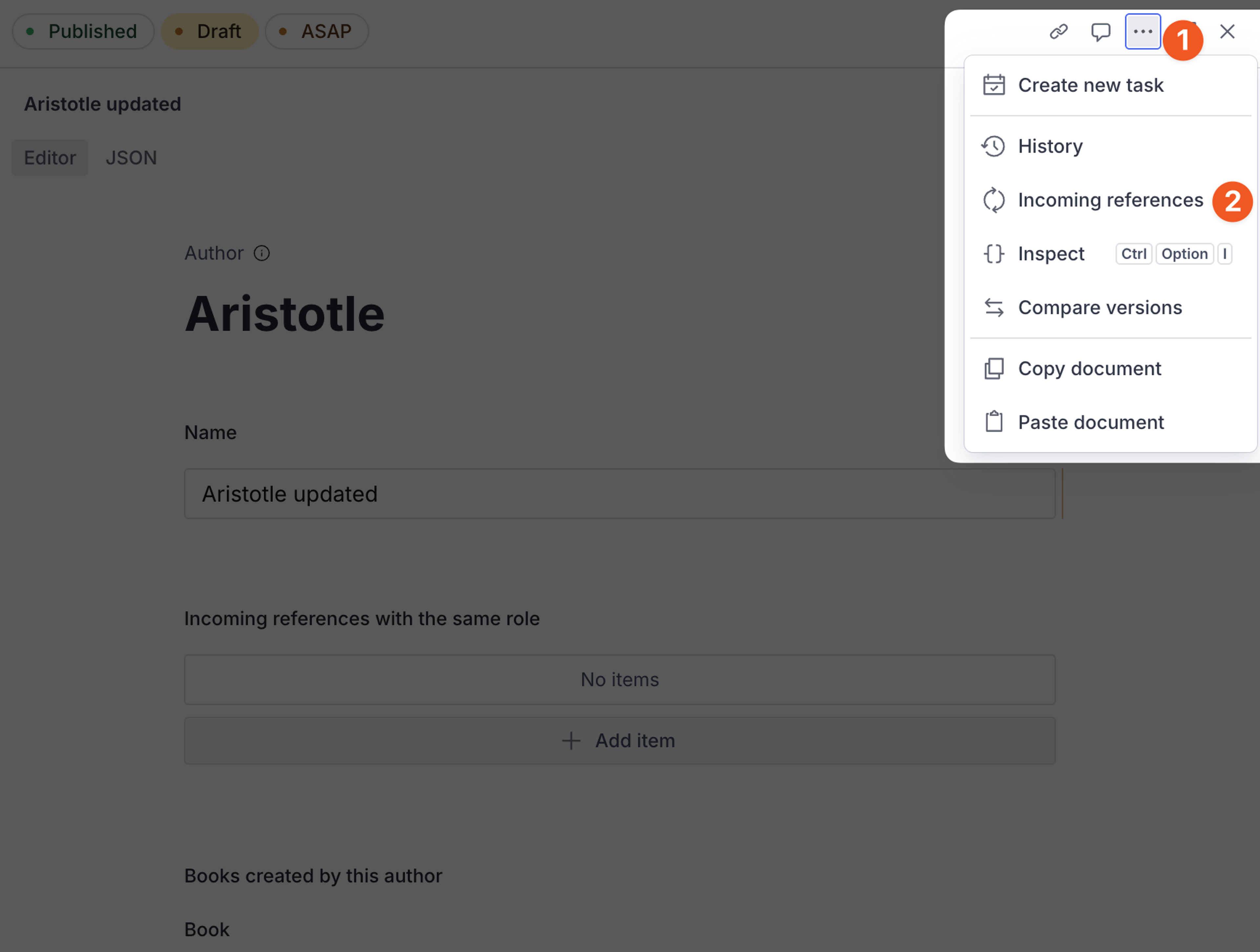 A content management interface showing a document named 'Aristotle' and an open dropdown menu with options like 'Incoming references'.