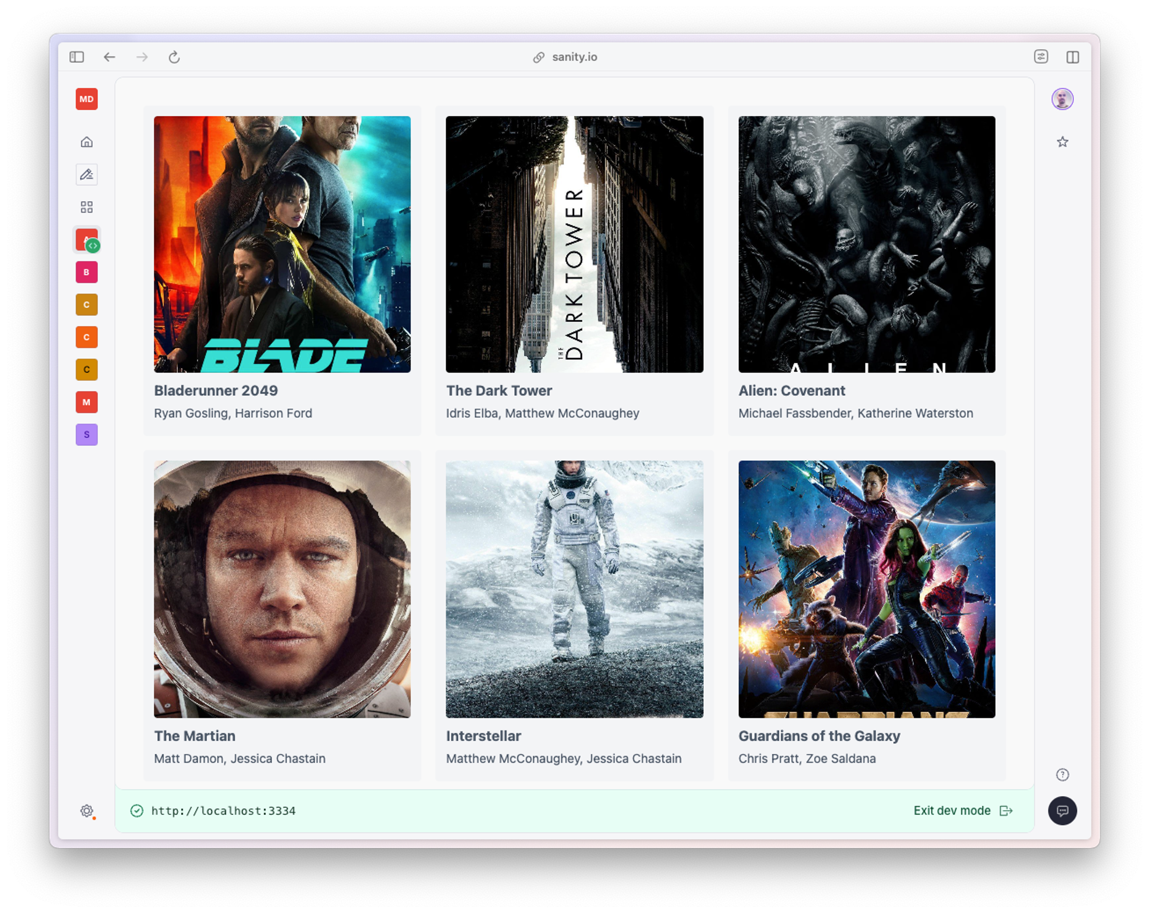 Shows a list of movie preview cards complete with posters, titles, and top billed cast