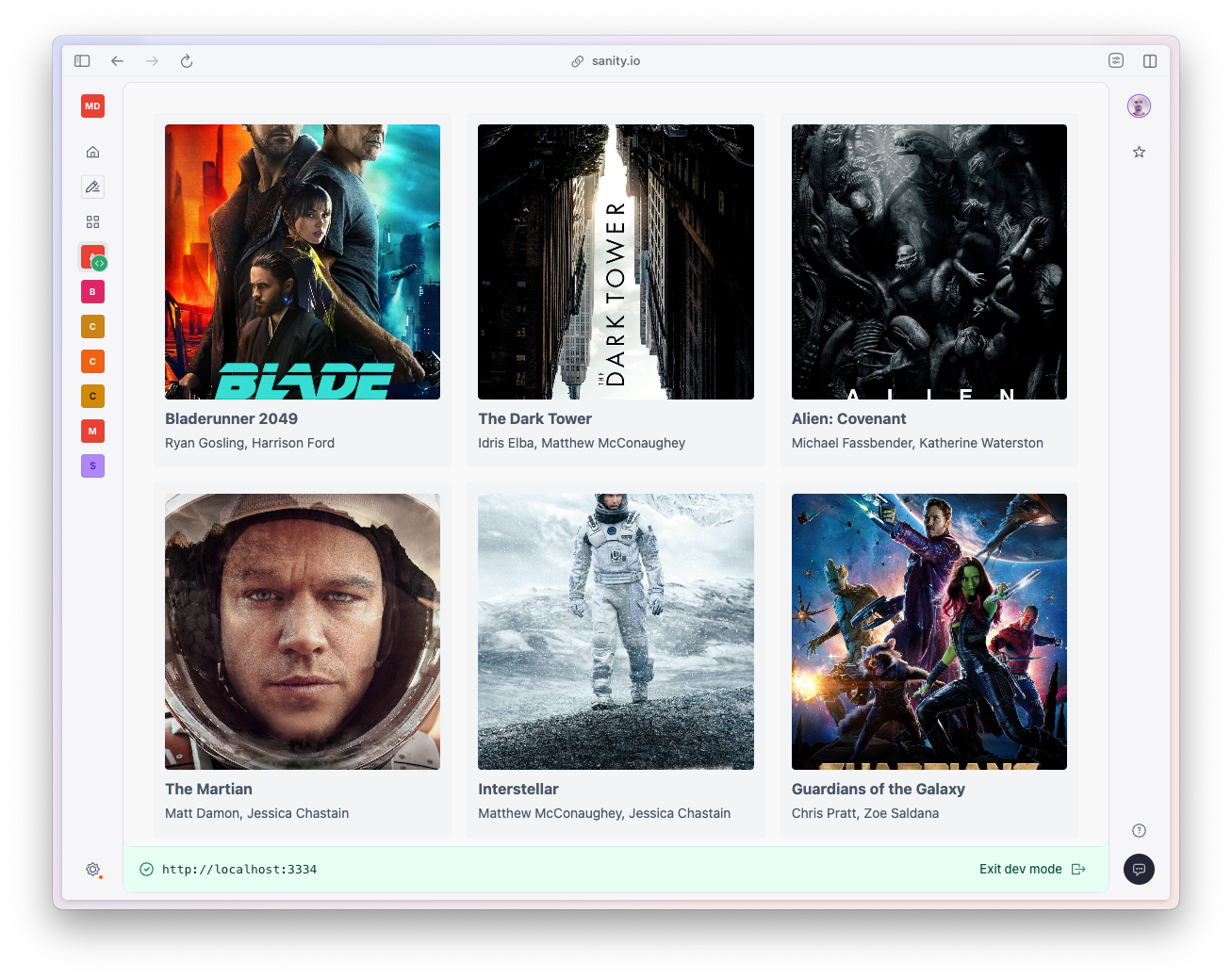Shows a list of movie preview cards complete with posters, titles, and top billed cast