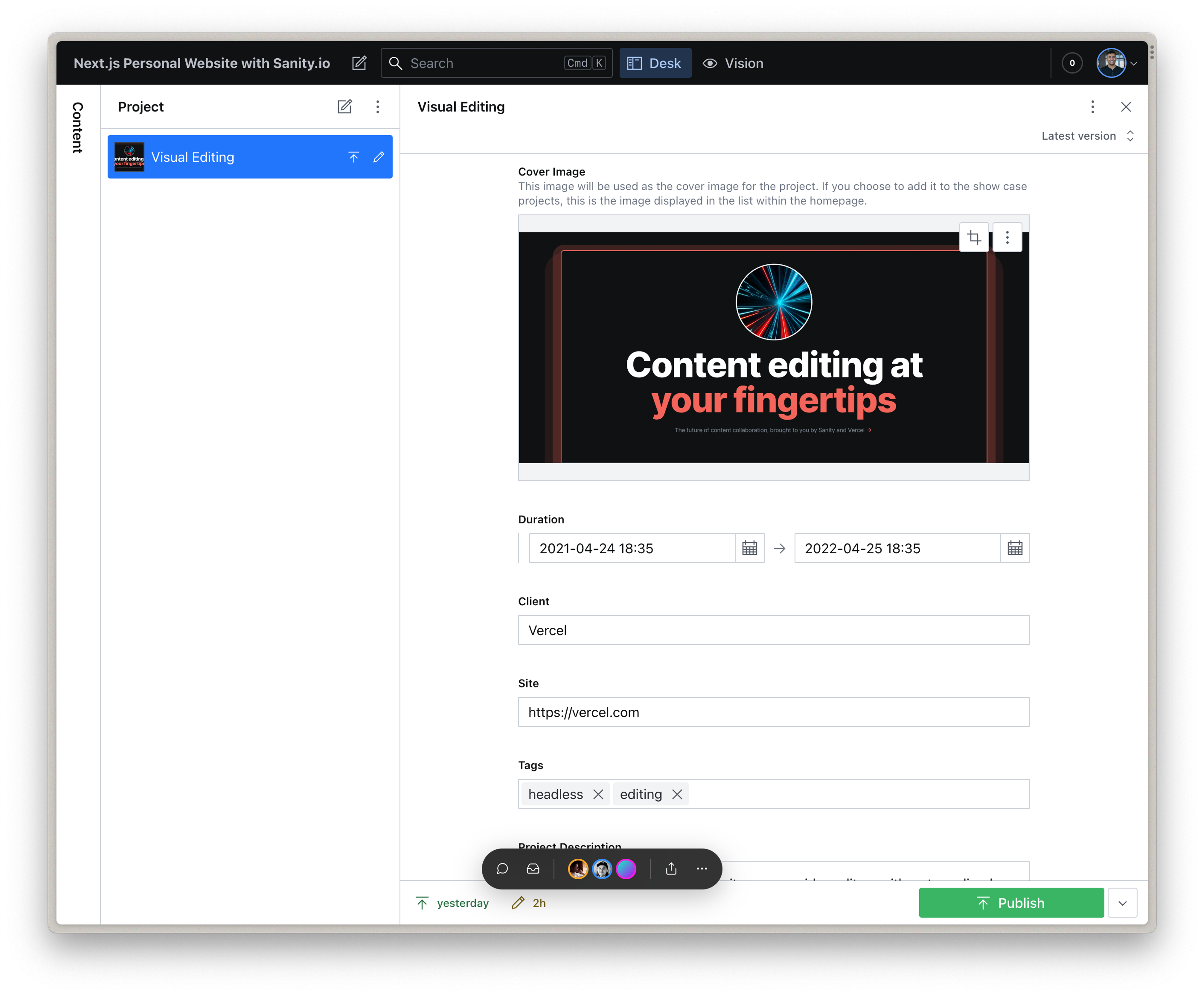 Shows the graphic from the web page in the former image being edited in Sanity Studio
