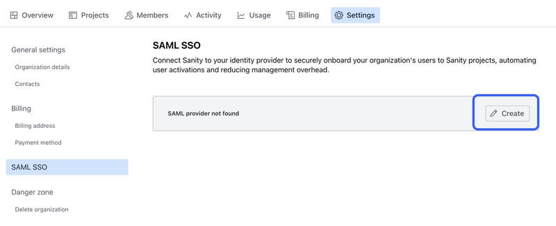 Interface for creating new SAML SSO is found in the left sidebar menu