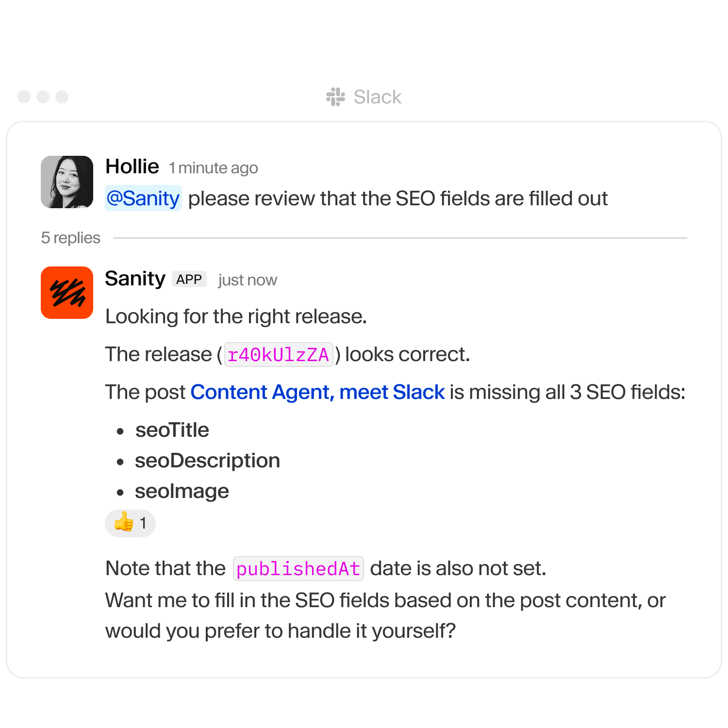 A Slack conversation showing the Sanity app reporting missing SEO fields and publication date for a blog post and offering to fill them in.