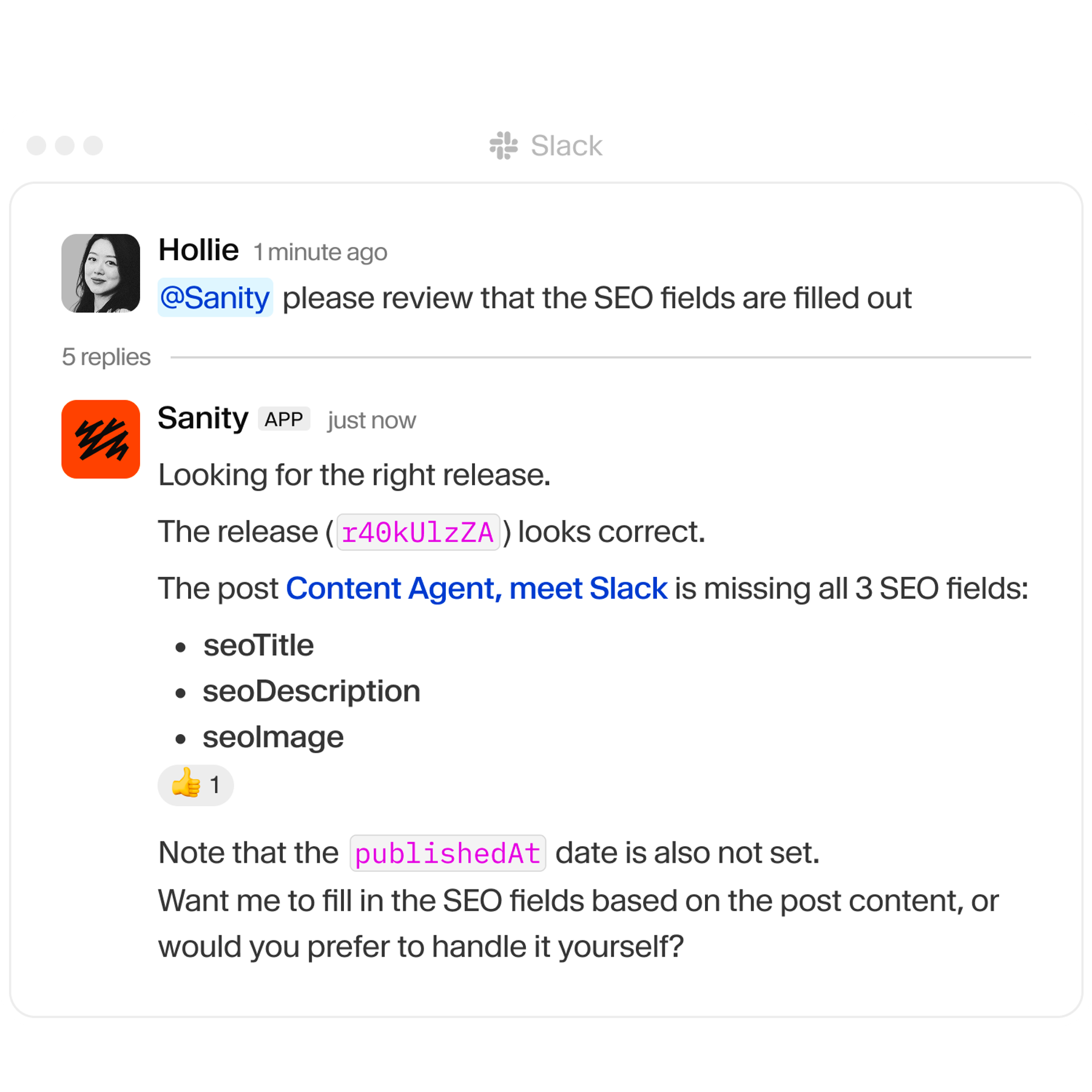A Slack conversation showing the Sanity app reporting missing SEO fields and publication date for a blog post and offering to fill them in.