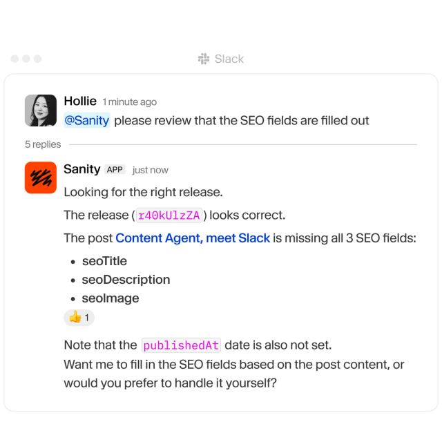 A Slack conversation showing the Sanity app reporting missing SEO fields and publication date for a blog post and offering to fill them in.