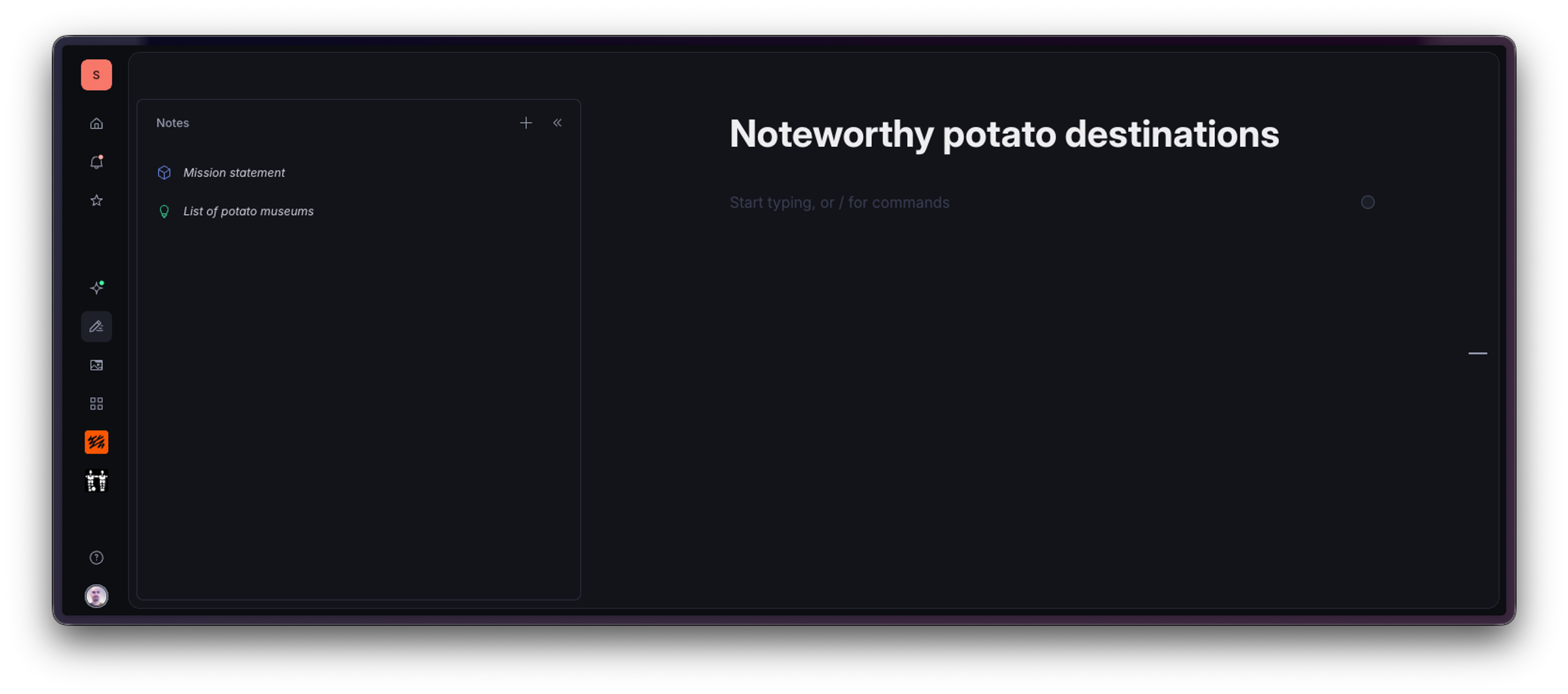 A note-taking app displays a document titled "Top destinations for potato lovers" with an option for AI-assisted note organization.