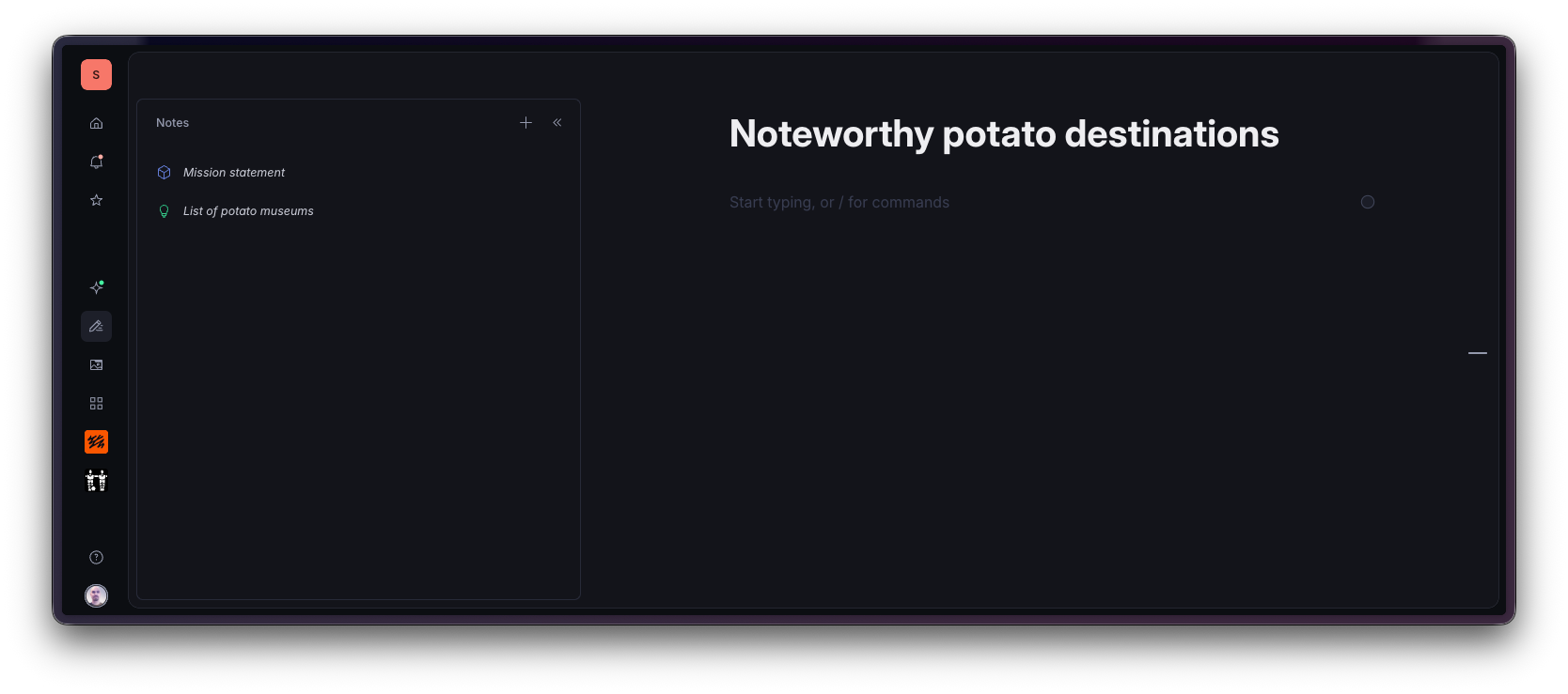 A note-taking app displays a document titled "Top destinations for potato lovers" with an option for AI-assisted note organization.