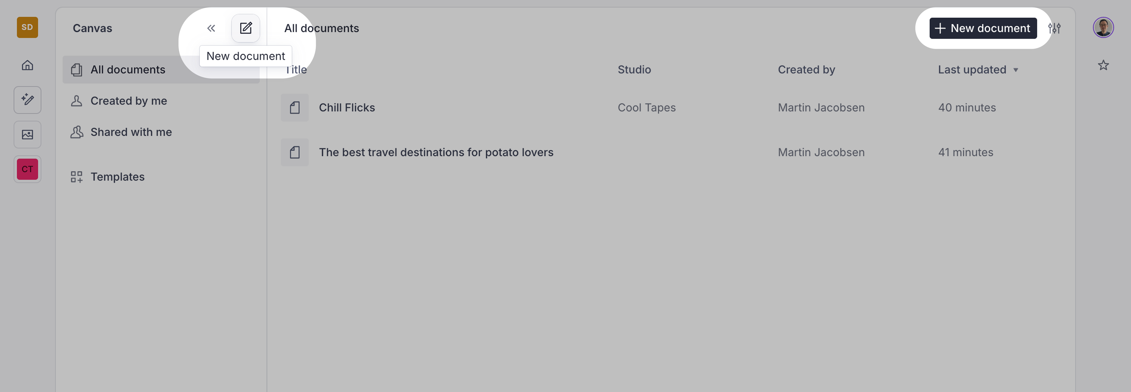 Shows the menu option for creating a new document