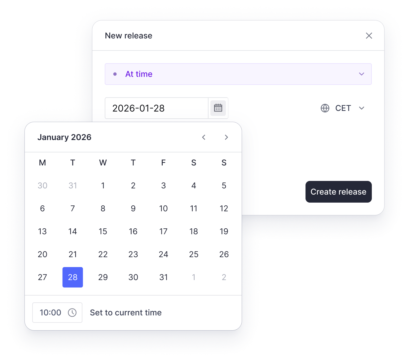 A "New release" dialog with a date input field showing "2026-01-28" and an open calendar widget highlighting January 28, 2026.