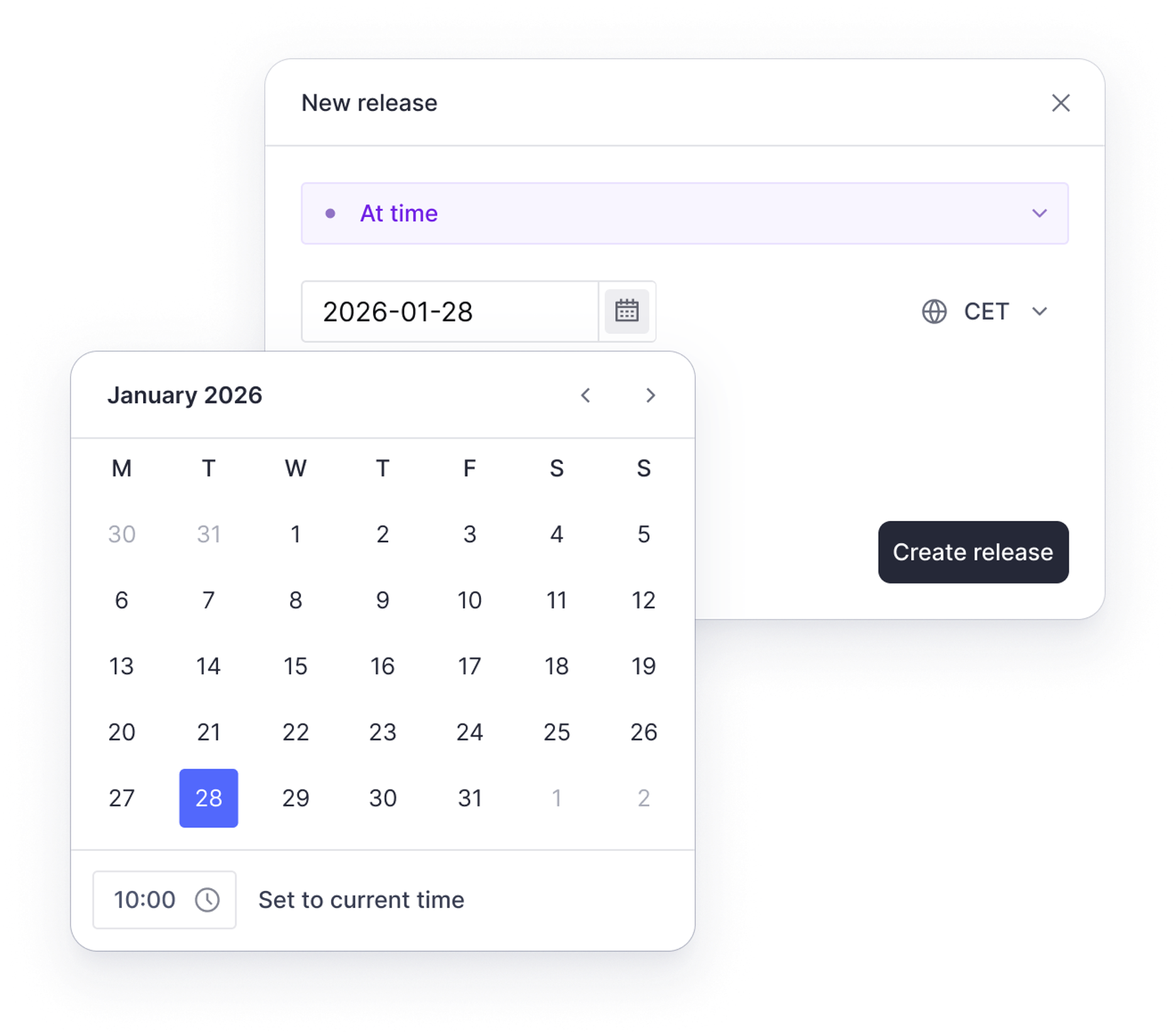 A "New release" dialog with a date input field showing "2026-01-28" and an open calendar widget highlighting January 28, 2026.