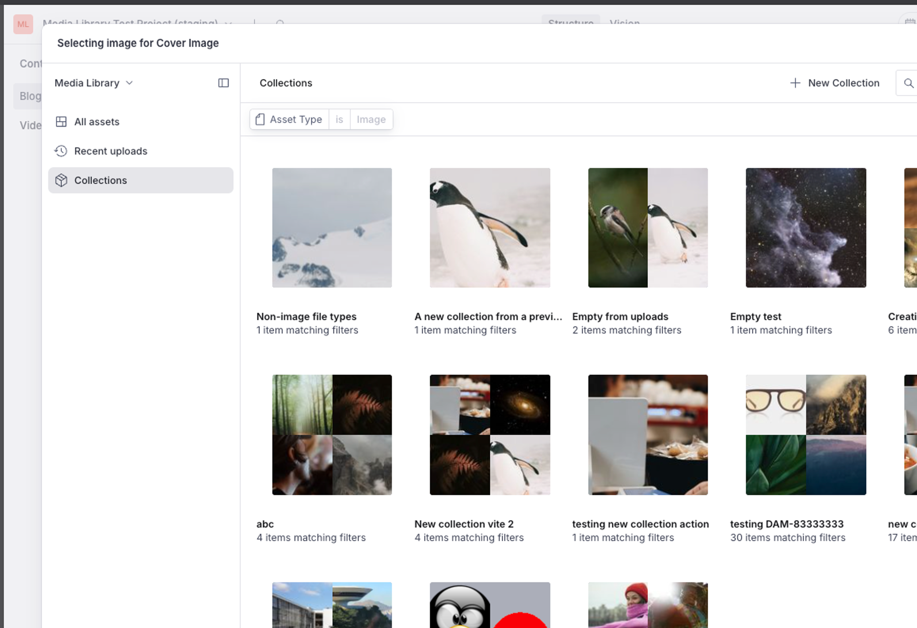 A "Selecting image for Cover Image" interface, displaying a grid of image collections with various thumbnails and filters applied