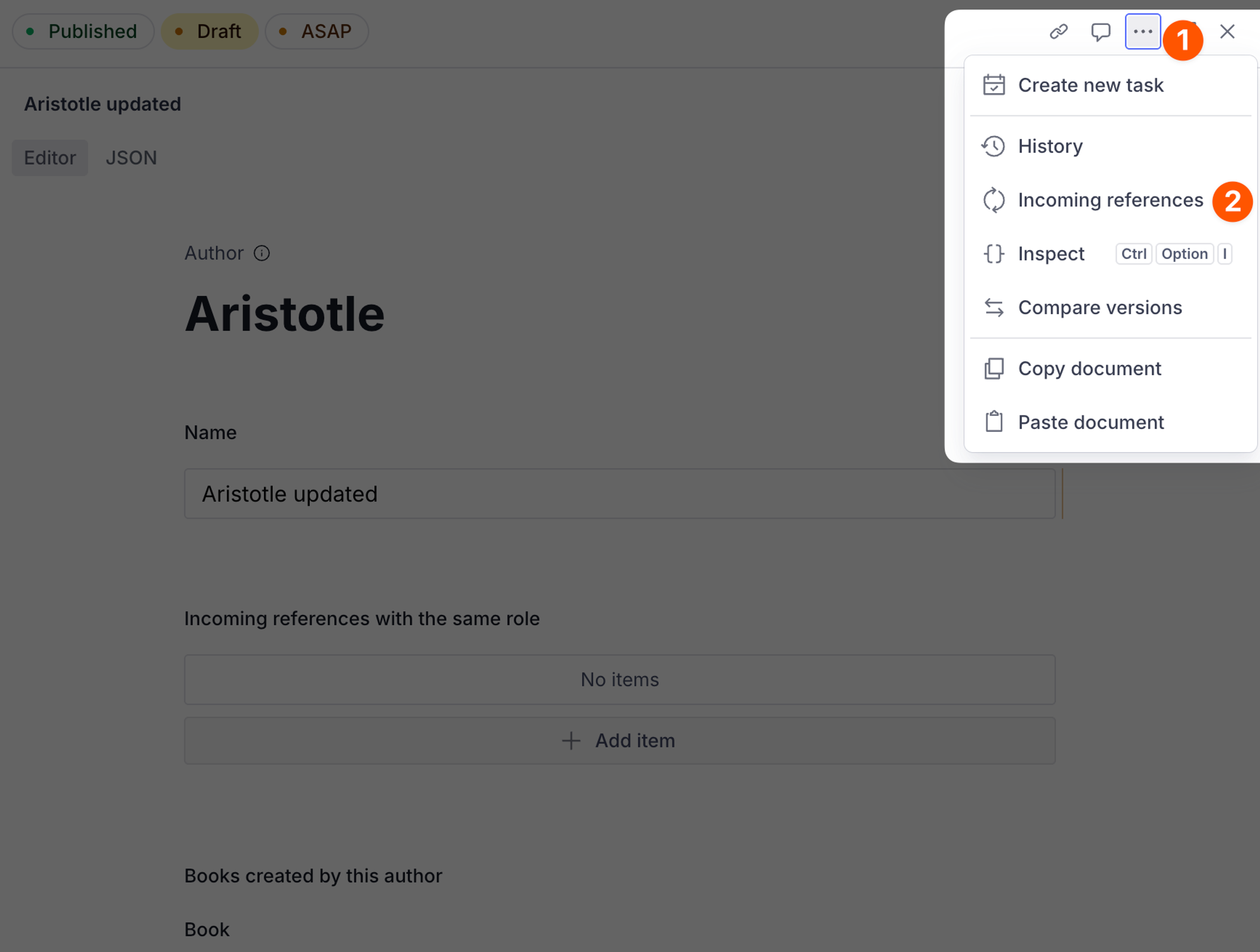 A screenshot of the document UI with the "..." menu expanded to reveal the incoming references menu item.