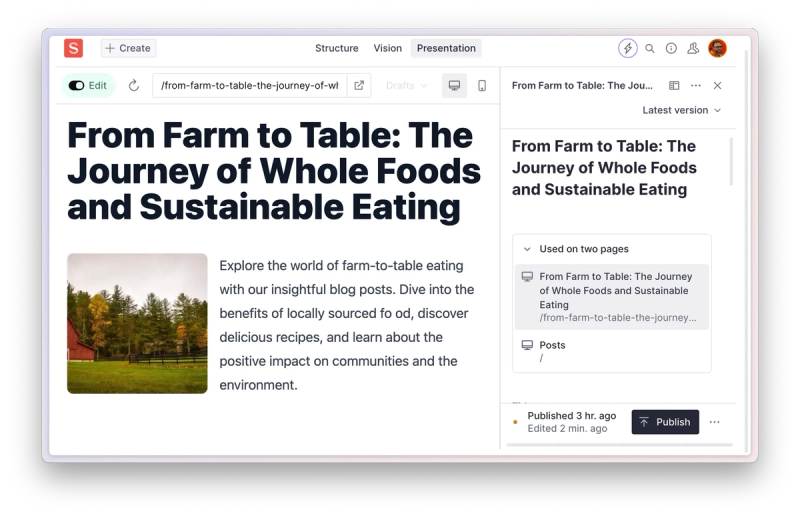 Screenshot of a web editor interface showing a blog post titled ‘From Farm to Table: The Journey of Whole Foods and Sustainable Eating,’ featuring an image of a farm landscape with trees and a red barn. The editor’s sidebar indicates the post is used on two pages and provides options for editing the title, slug, and publishing status. The post is marked as published 3 hours ago and was edited 2 minutes ago.