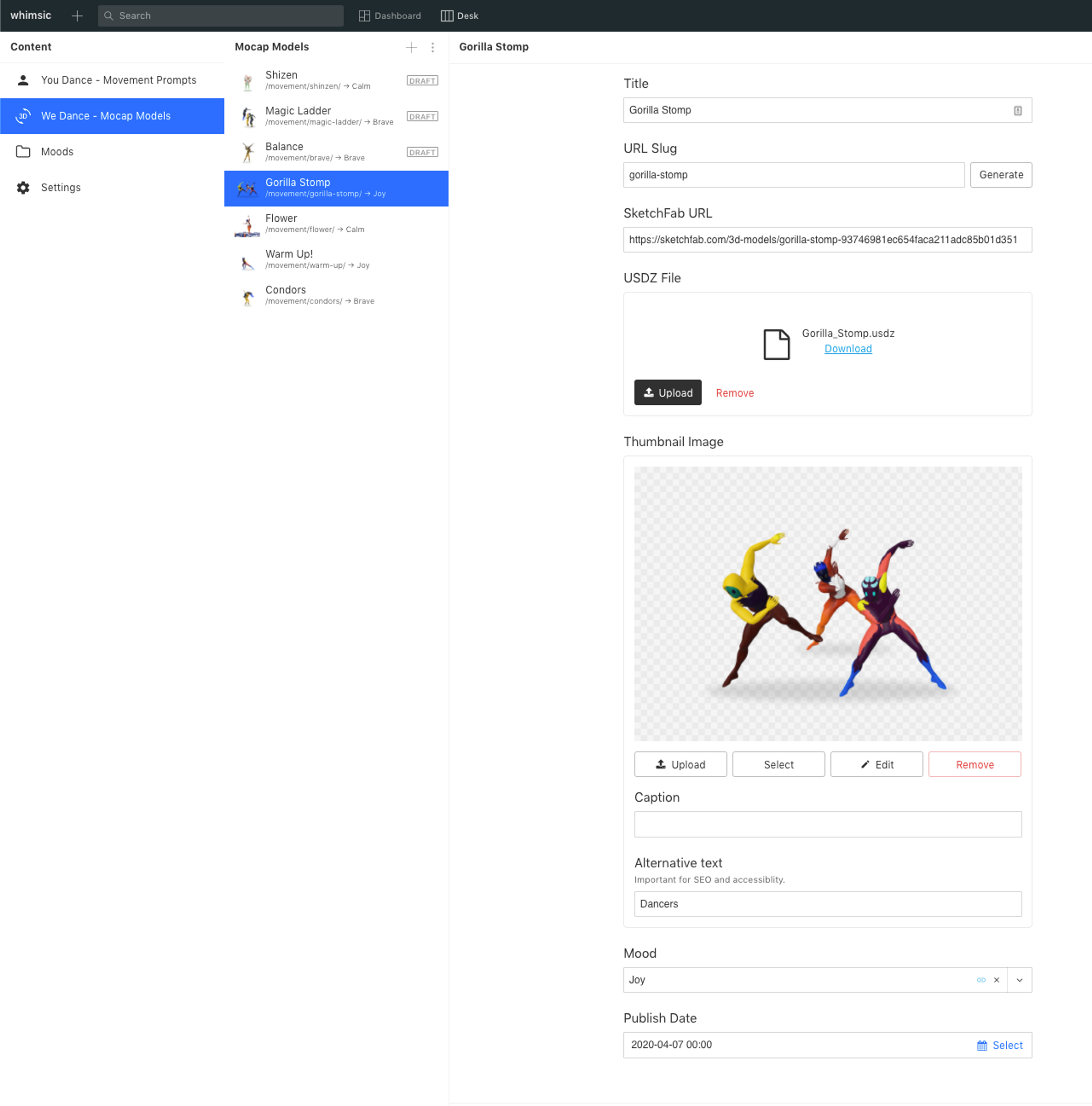 Form for Mocap Models in Sanity Studio