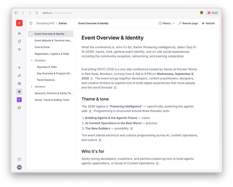 A screenshot of the Sanity Studio interface displaying an 'Event Overview & Identity' page with conference details and a navigation sidebar.
