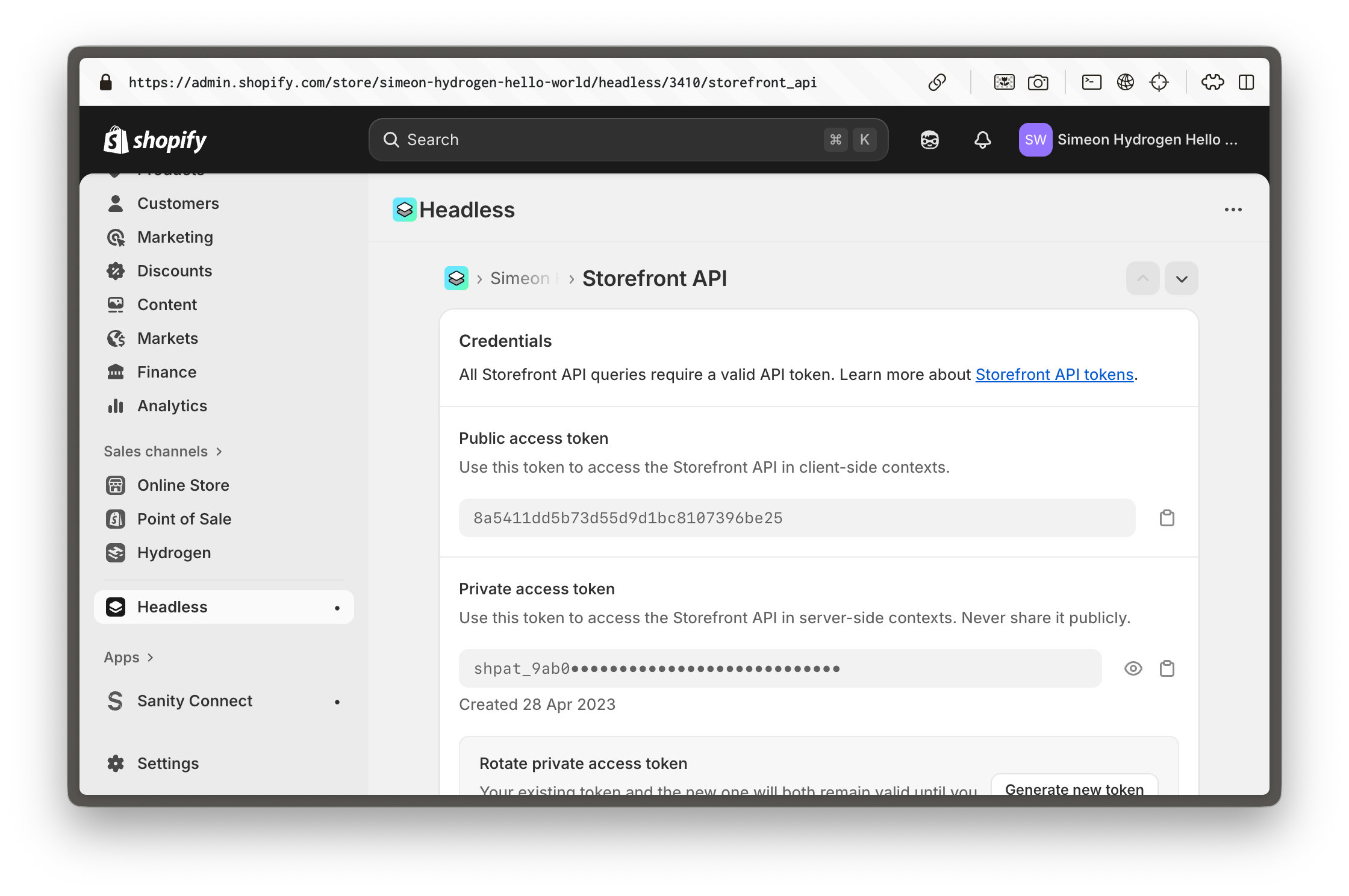 Shopify admin showing access tokens