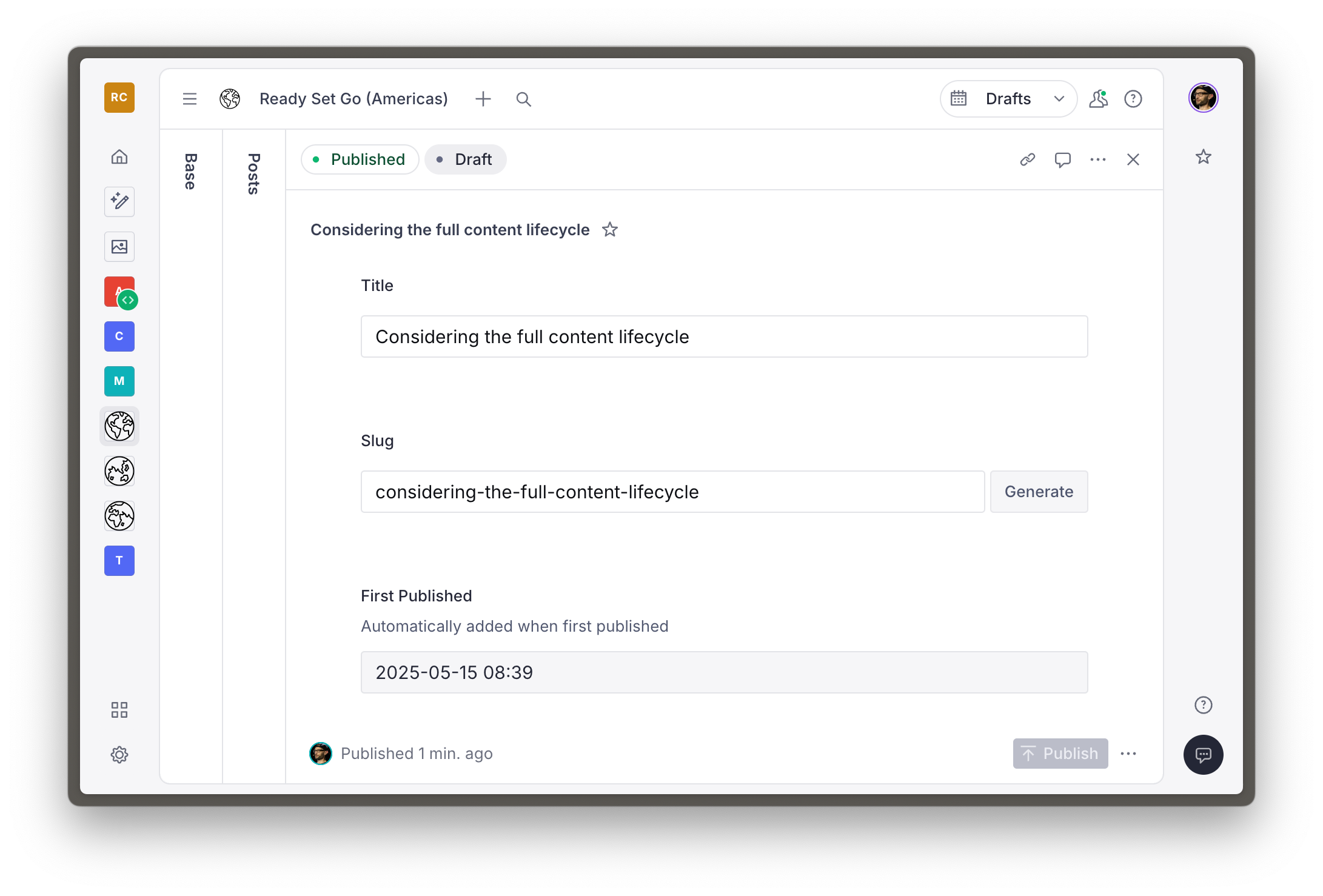 Sanity Studio dashboard showing title, slug and first published fields