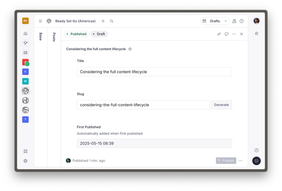 Sanity Studio dashboard showing title, slug and first published fields Sanity Studio dashboard showing title, slug and first published fields
