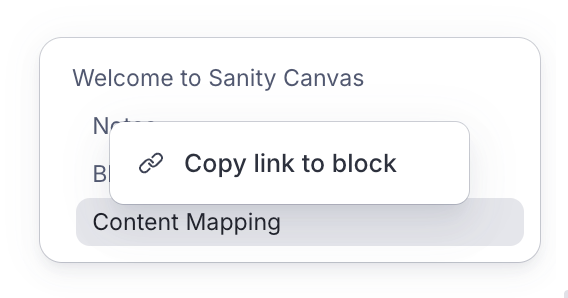 A pop-up menu shows "Copy link to block" with a chain icon.