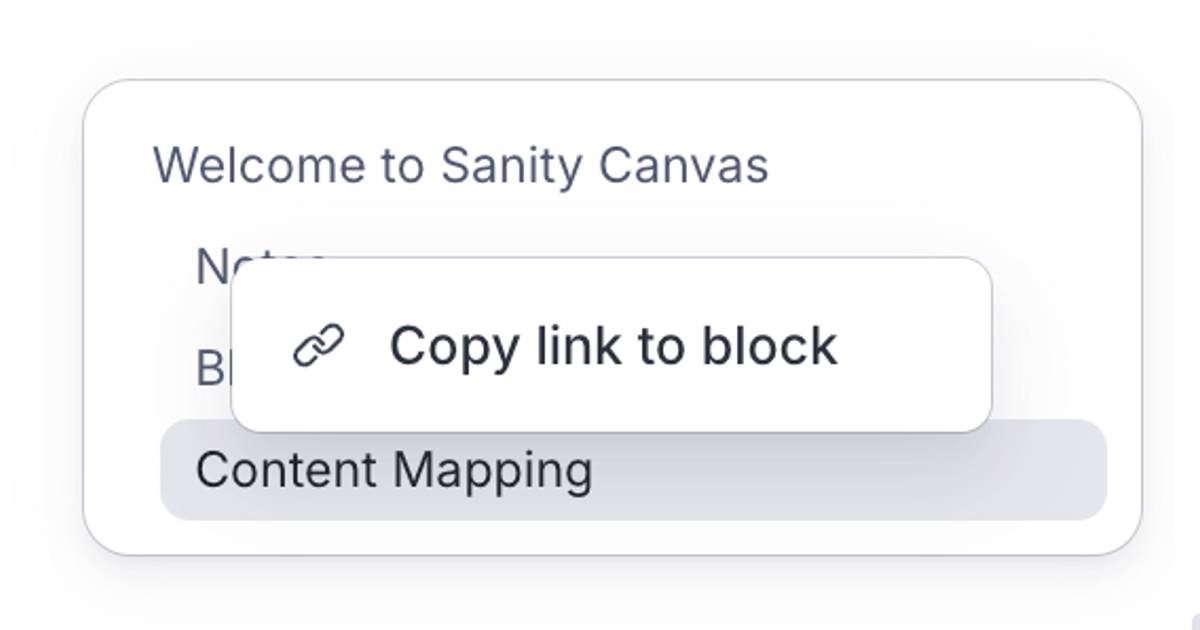 A pop-up menu shows "Copy link to block" with a chain icon.