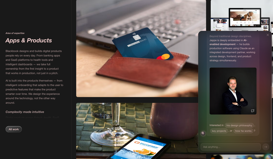 A website displaying "Apps & Products" content, with visuals of a credit card, a smartphone, and an overlaying chatbot featuring a man's profile.