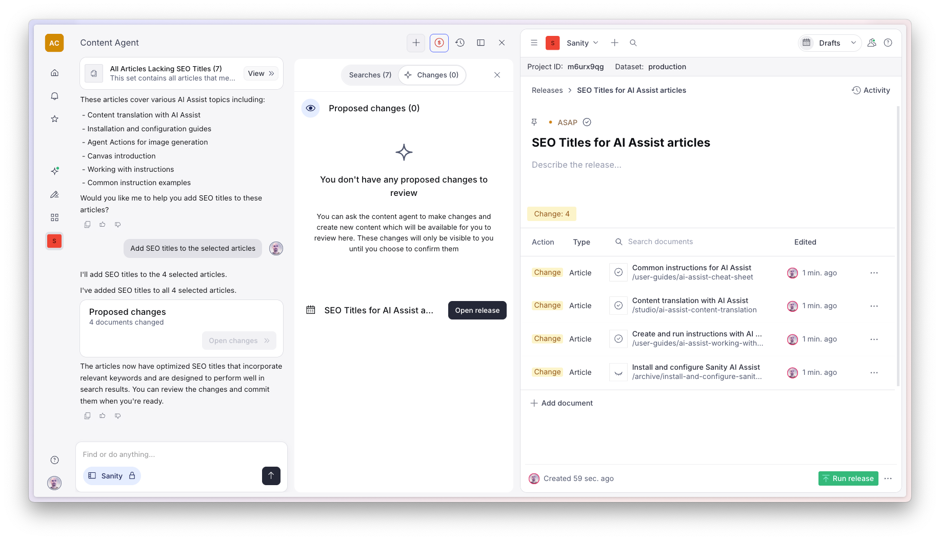 An AI content agent interface showing articles with updated SEO titles, listed in a release management panel.