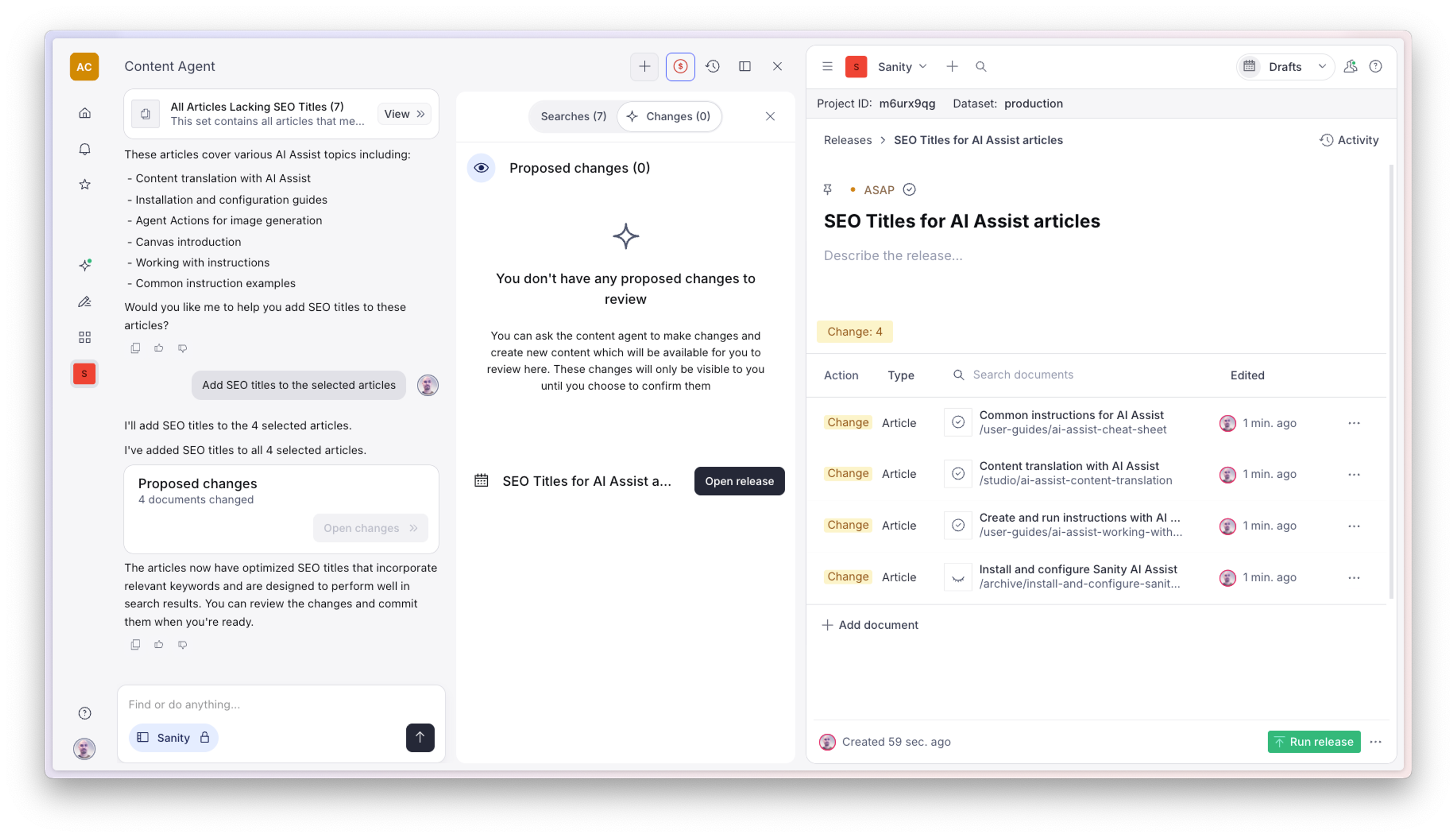 An AI content agent interface showing articles with updated SEO titles, listed in a release management panel.