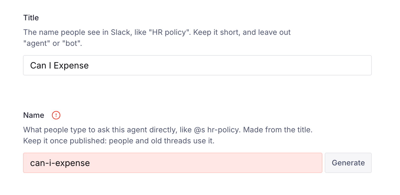 Studio validation flagging the name field of the Can I Expense agent document.