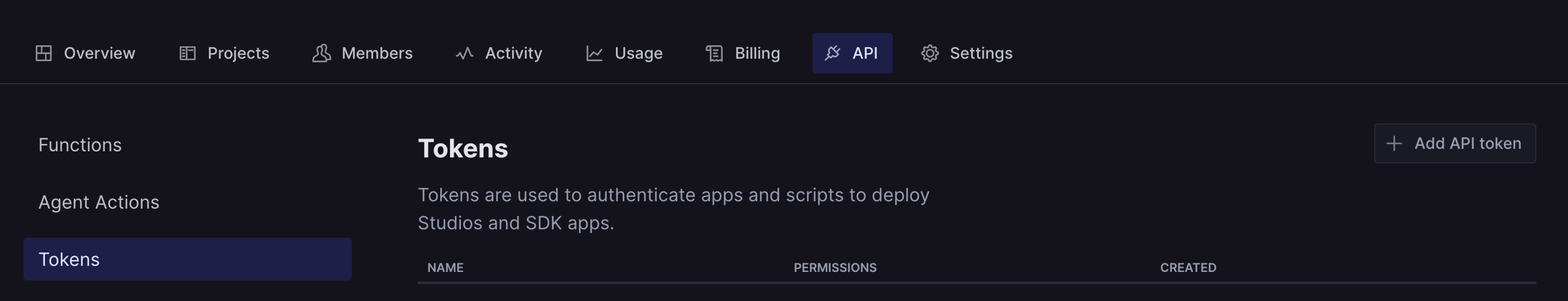 The tokens screen in the organization manage interface