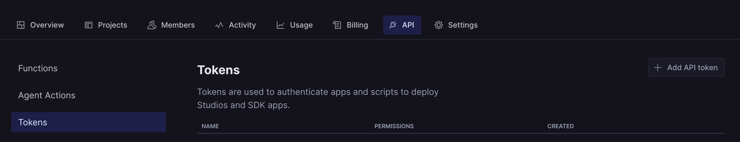 The tokens screen in the organization manage interface