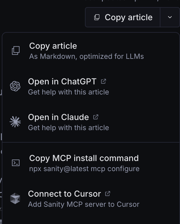A dark-themed menu with options to copy an article, open it in ChatGPT or Claude, copy an MCP install command, and connect to Cursor.