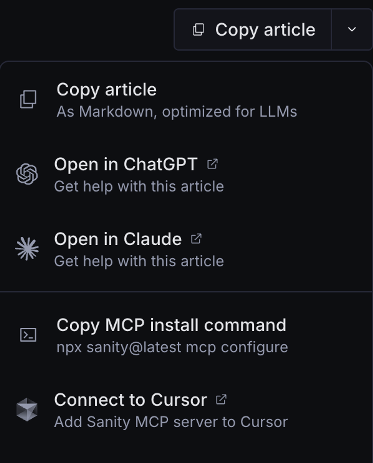 A dark-themed menu with options to copy an article, open it in ChatGPT or Claude, copy an MCP install command, and connect to Cursor.